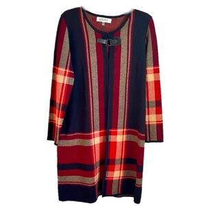 Kasper Women's Size Large Red Black Cream Tartan plaid Long Cardigan Maxi Coat